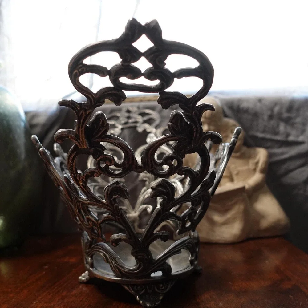 vintage pewter oval Victorian basket‎ ornate decor metal freestanding